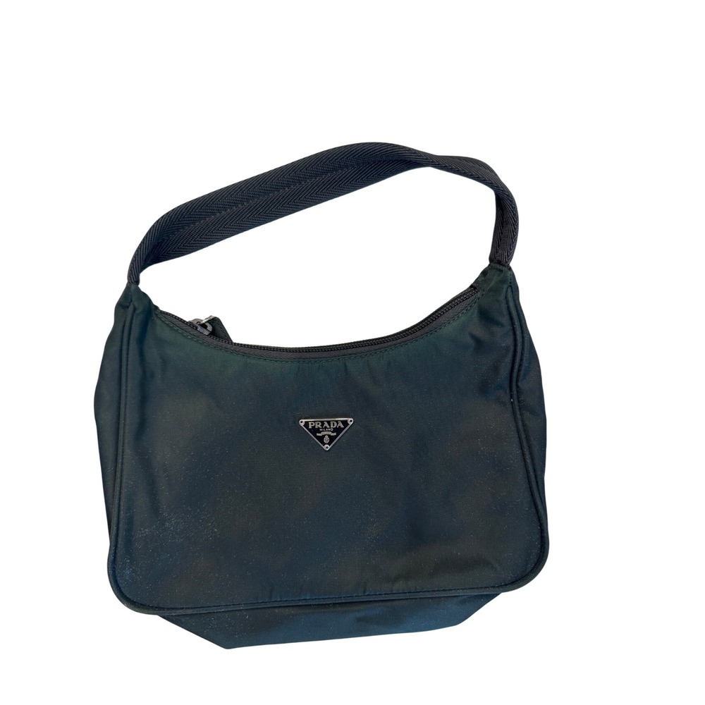 Prada Tessuto Nylon Mini Hobo Shoulder Bag Dark Green Silver Logo